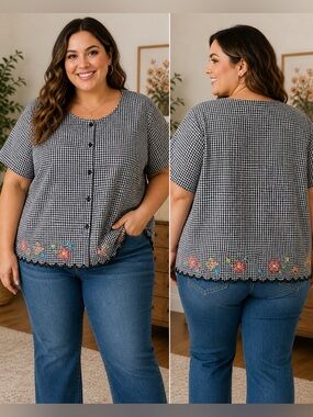 Vintage Gingham Embroidered Hem Top Oversized Cottagecore